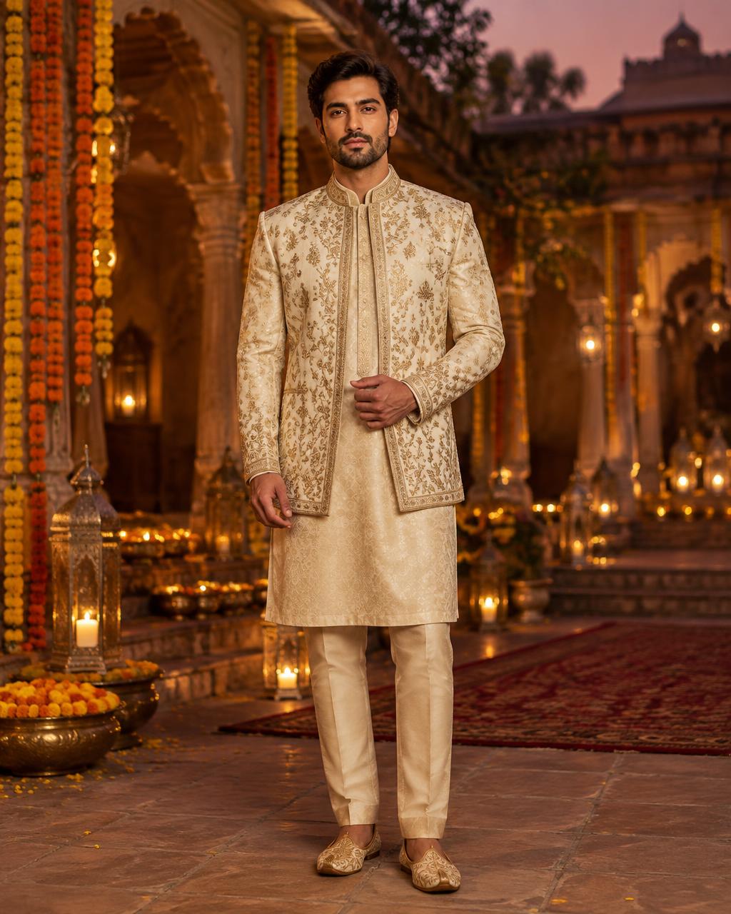 Man in an embroidered ivory sherwani at a festive evening
