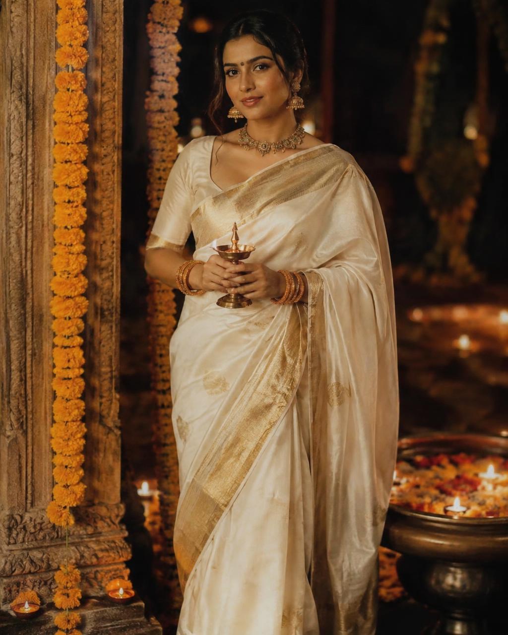 Ivory zari silk saree — Ivory by Diya-light