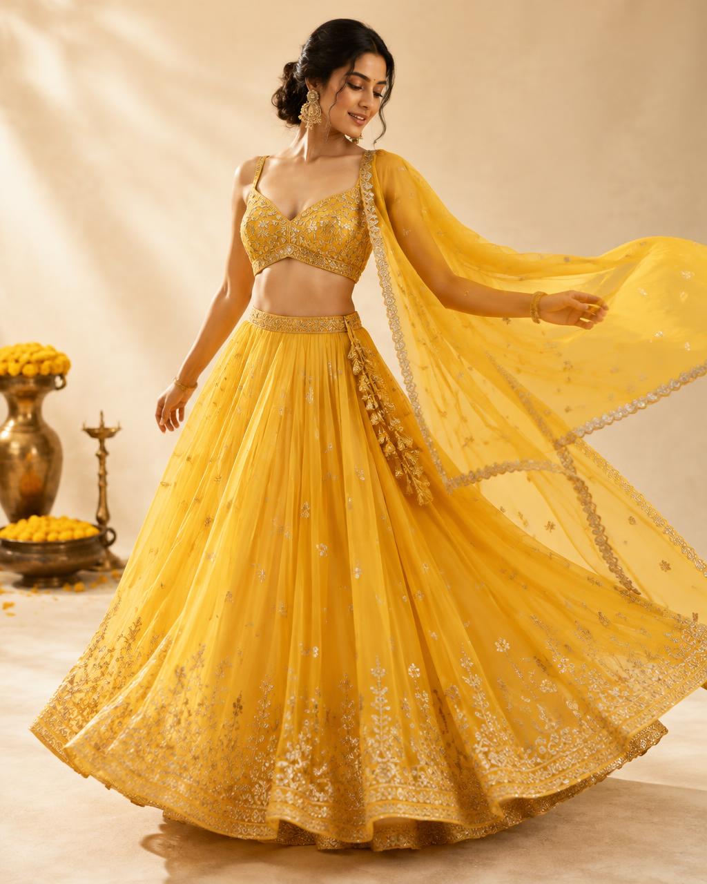 Marigold chiffon lehenga